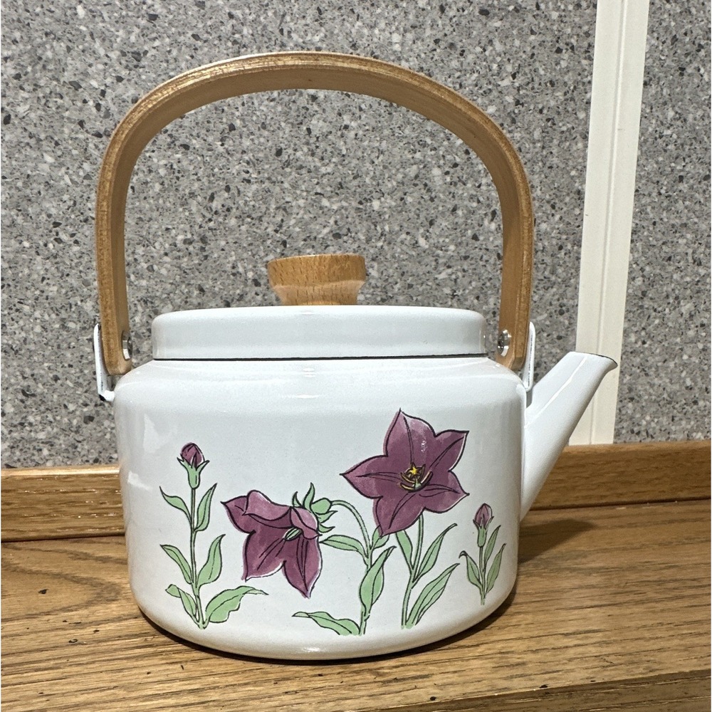 Himark Gourmet Kitchen Japan Enamel Tea Kettle Purple Floral Wood Handle Vintage